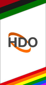 Pan-African flag and Pride flag surrounding the HDO logo.
